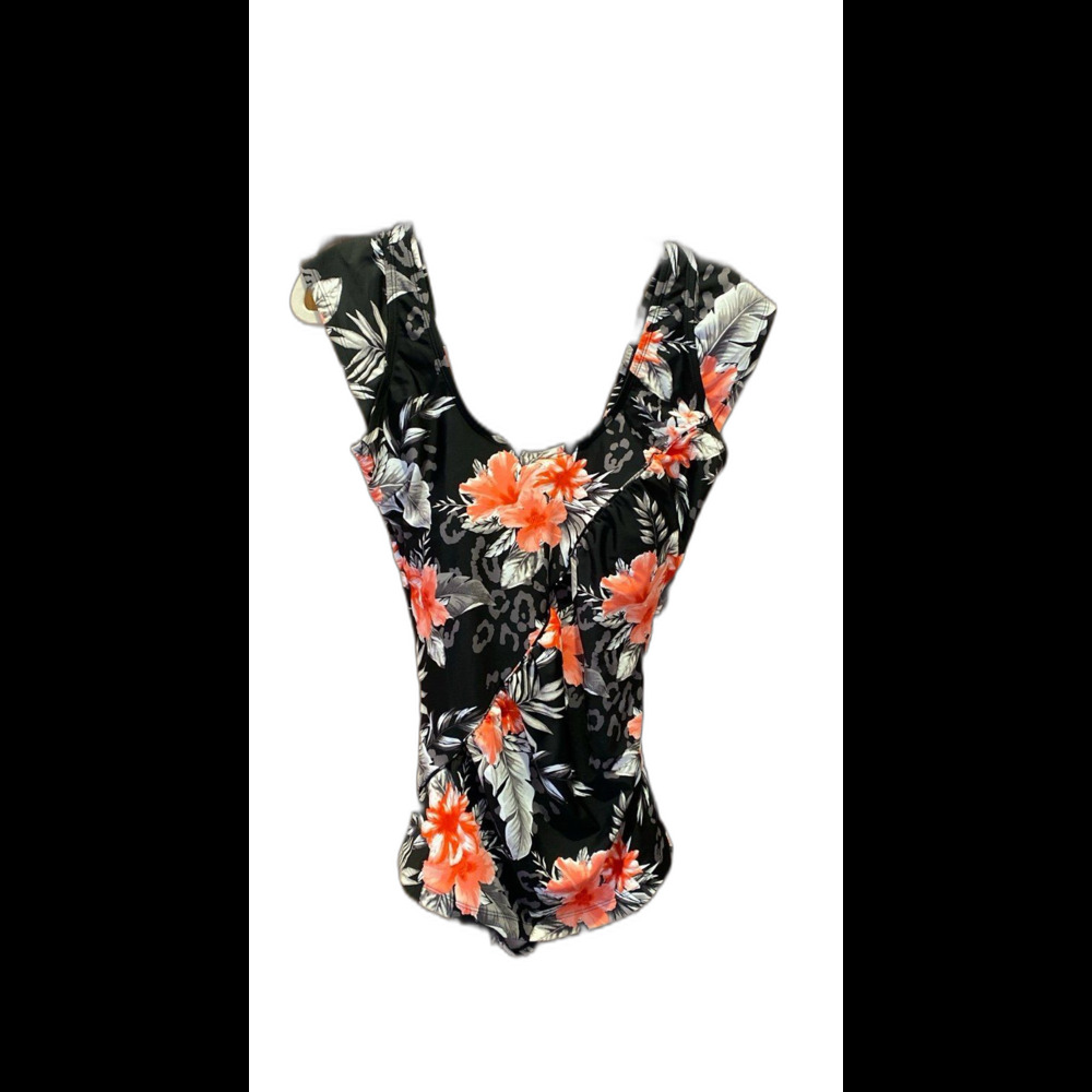 Marina West Swimsuit Size Large One‎ piece Black Pink Floral Cap Sleeve Pool